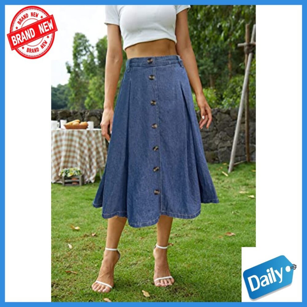Pleated A-Line Midi Skirt with Elastic Waist and Pockets - Picture 2 of 7